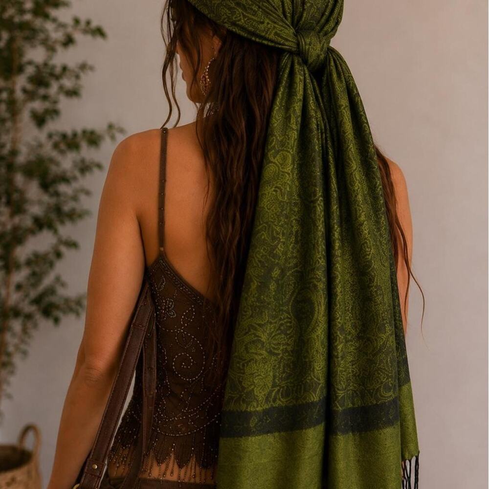 Olive Green Paisley Pashmina Scarf Y2K Boho Festival Head Wrap Fringe Shawl